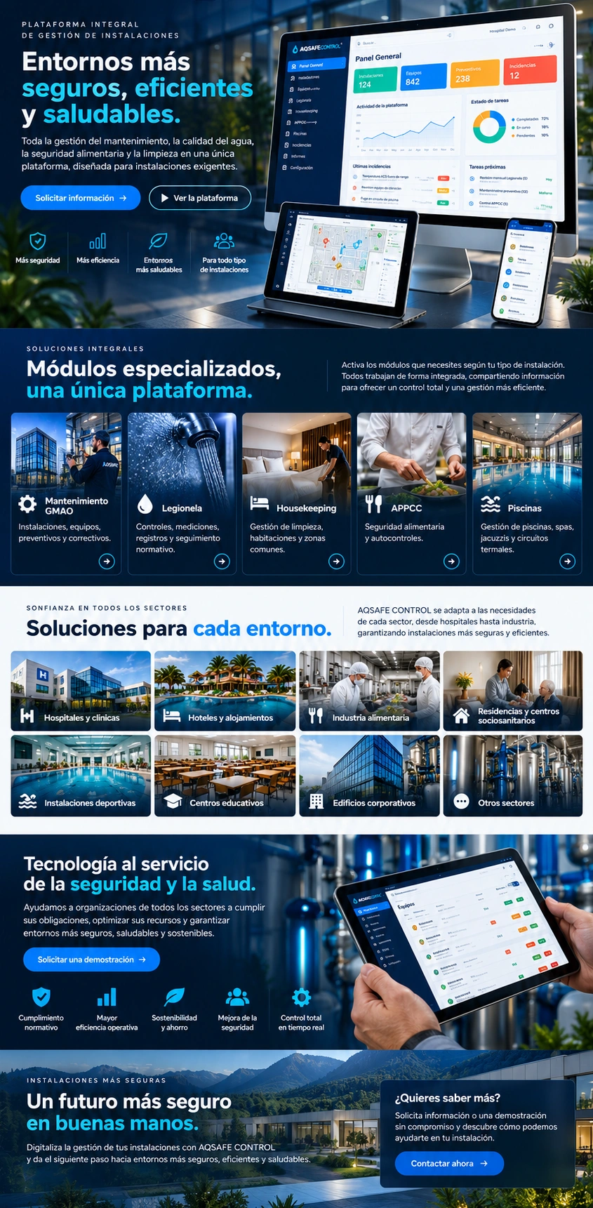 Diseño comercial aprobado de AQSAFE CONTROL: portada con dispositivos, módulos de mantenimiento, legionela, housekeeping, APPCC y piscinas, sectores, tecnología y contacto.